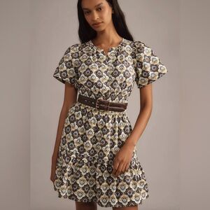 Anthropologie The Somerset Mini Dress Floral yellow blue mosaic puff sleeve sz L